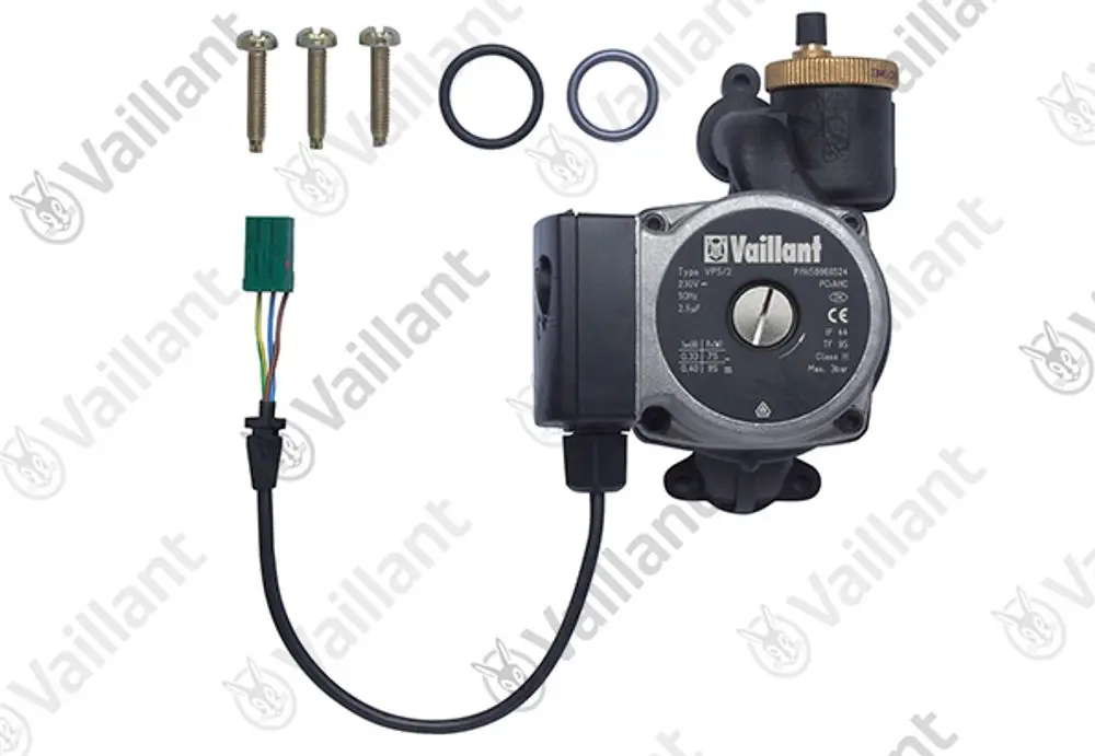 Vaillant Pumpe mit elektrischer Anschlusstechnik, einem Stecker, drei Schrauben und Dichtungen in einem klar strukturierten Layout auf hellem Hintergrund.